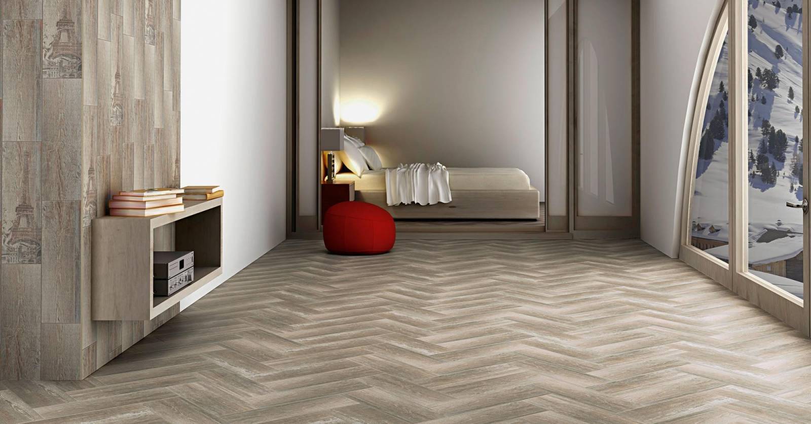 Carrelage imitation parquet chevrons en chêne blanc