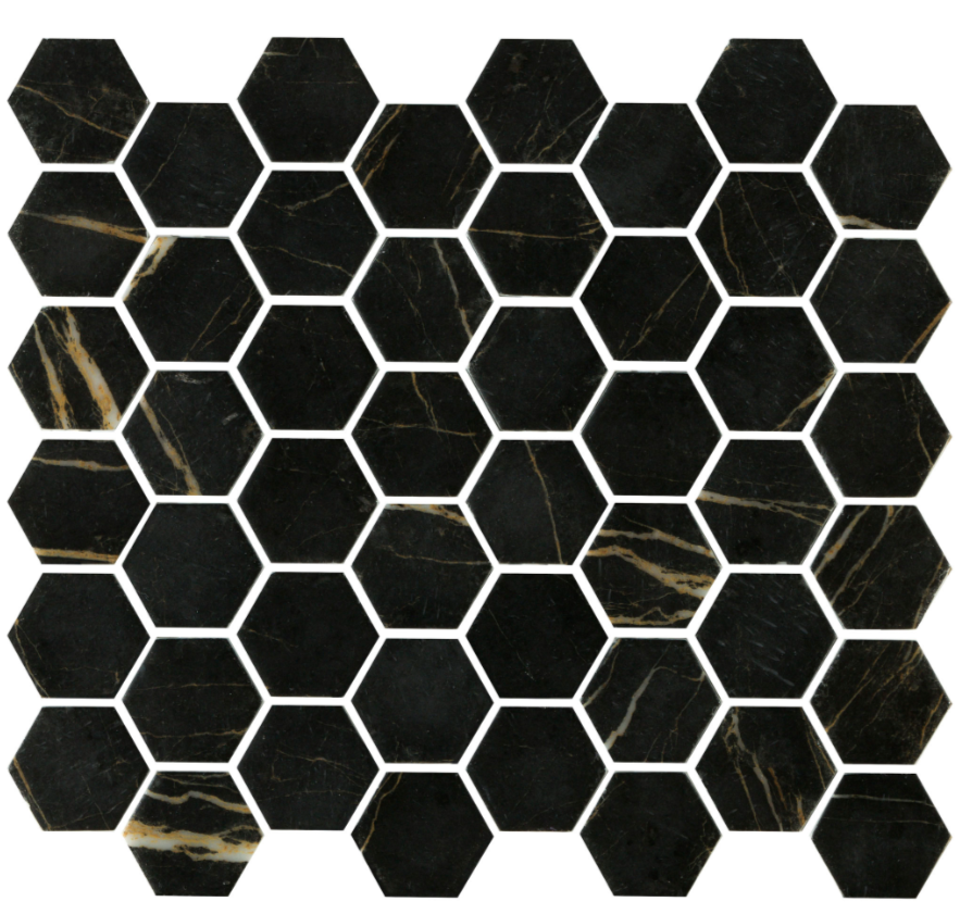 Mosaïque hexagonale noir marbre dorée