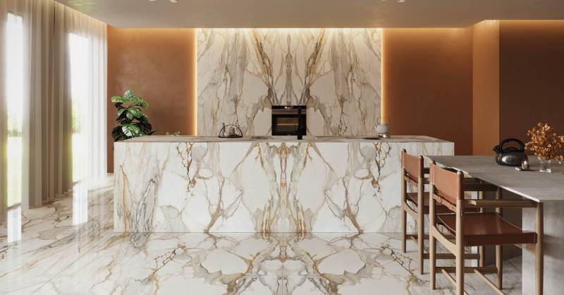 Carrelage de cuisine  imitation marbre pour un effet luxueux à Nimes dans le Gard